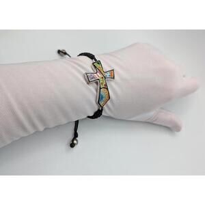Adjustable Black Cord Bracelet with Colorful Cross Charm